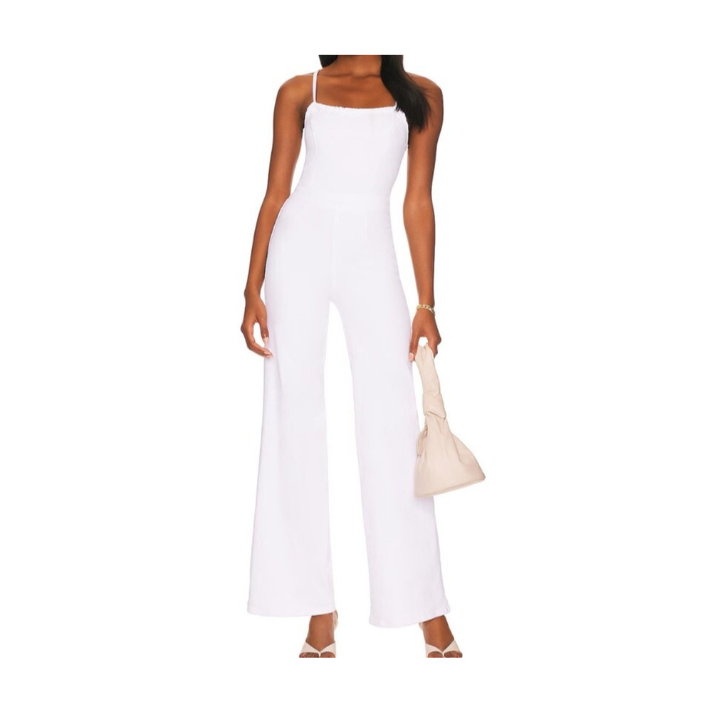 Good American Jumpsuit Sz 3 L Vacay Denim Wide Leg Lace up Back Tie‎ Back White